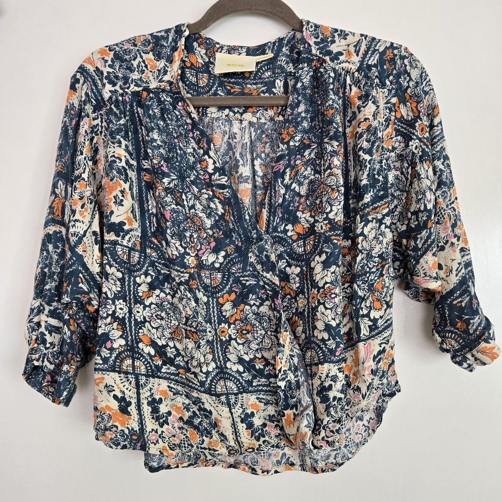 Maeve Anthropologie Gianna‎ Printed Wrap Top Blue Flowy Summer Quater Sleeve XS
